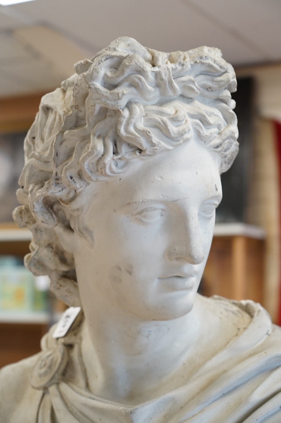 A large plaster bust of Apollo, 82cm high. Condition - poor